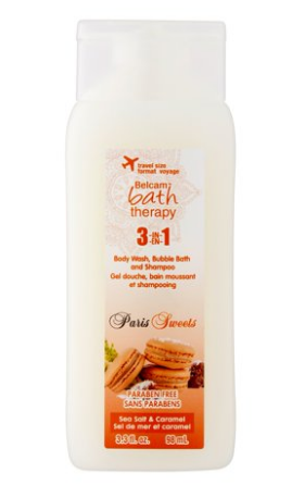 Belcam Bath Therapy Sea Salt & Caramel Body Wash, Bubble Bath and Shampoo, 98ml