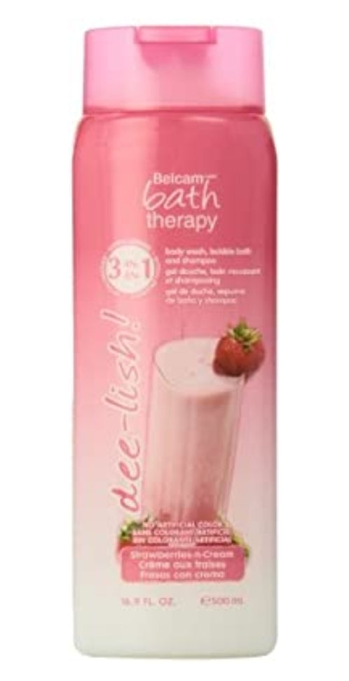 Belcam Bath Therapy C53030 3-in-1 Strawberries and Cream Body Wash, Bubble Bath, and Shampoo, 500ml